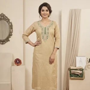 Women's Light Beige Gold Tissue Cotton Kurti – Kashmiri Floral Neck Embroidery, Straight Fit